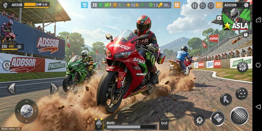 Tangkapan layar utama dari gameplay balap motor yang mendebarkan.