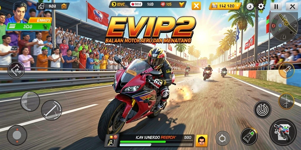 Screenshot utama EVIP2 menampilkan aksi balapan yang mendebarkan dan visual yang memukau.