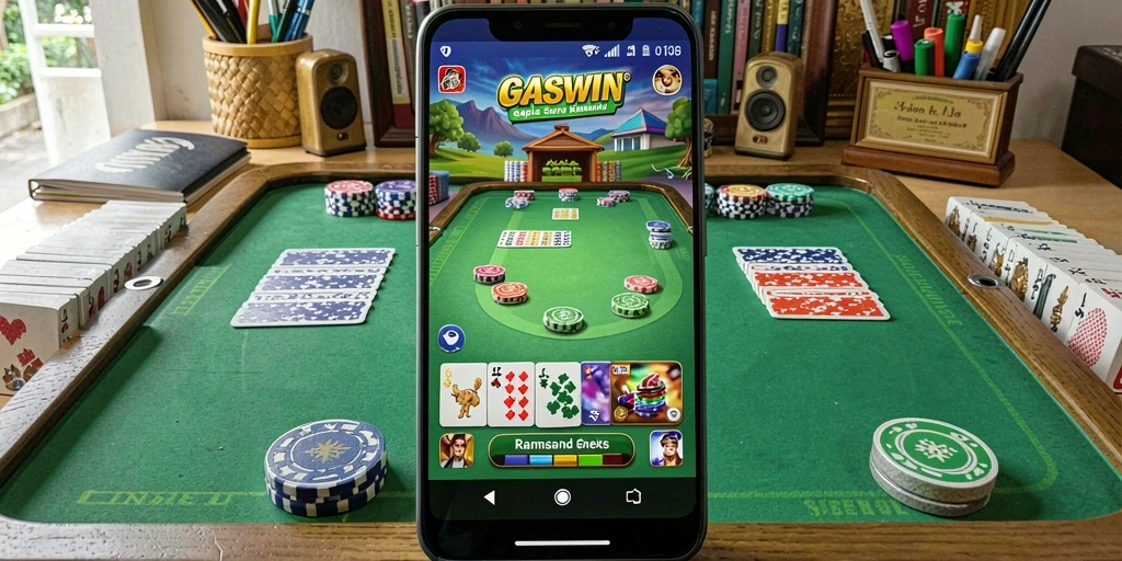 Screenshot utama GASWIN menampilkan gameplay Gaple yang menarik dan interaktif.