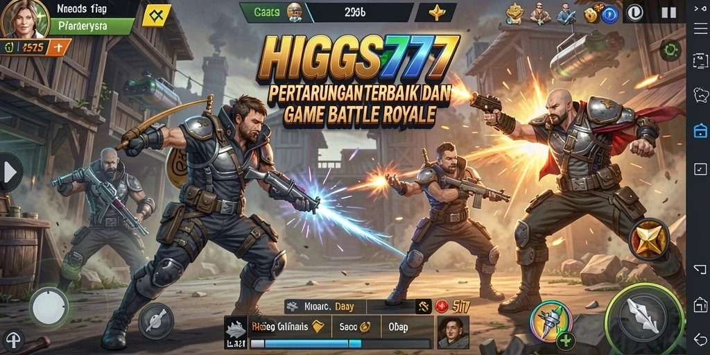 Screenshot utama HIGGS777 yang menampilkan pertarungan intens dalam Battle Royale.