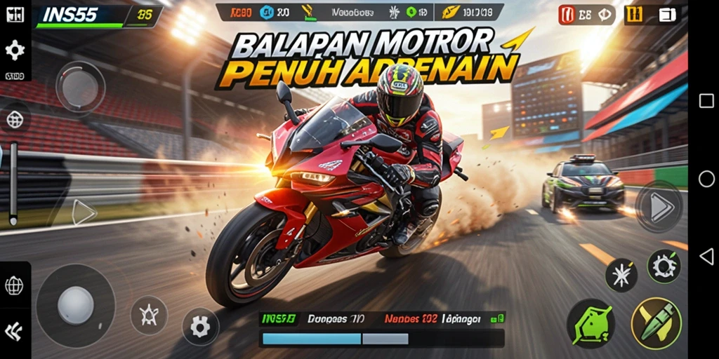 Screenshot gameplay INS55 menunjukkan aksi balapan motor yang seru.
