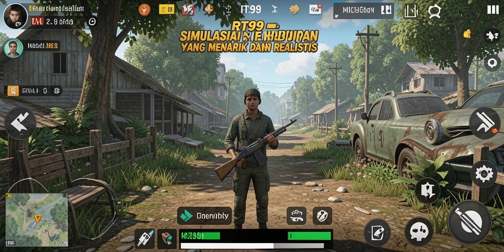 Screenshot gameplay RT99 yang menampilkan simulasi kehidupan yang mendetail.